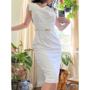 Black Halo Jackie O Dress Women 4 White Draped Neck Belted Sheath Midi